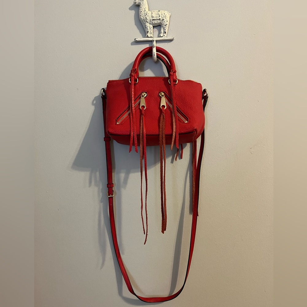 Rebecca Minkoff Leather Micro Moto Satchel Purse Red Tassels - Picture 3 of 14